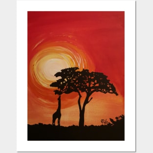 Giraffe silhouette at sunset Posters and Art